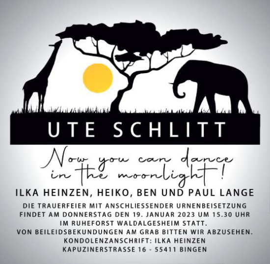 Traueranzeige von Ute Schlitt von Allgemeine Zeitung Ingelheim-Bingen