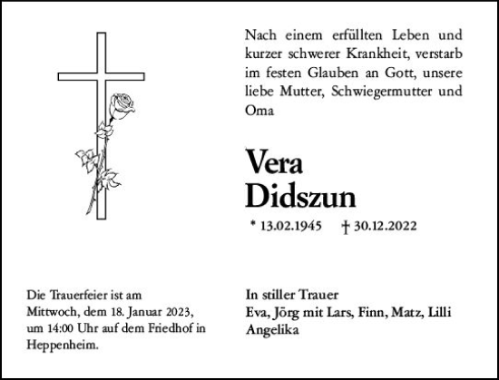 Traueranzeige von Vera Didszun von Bergsträßer Anzeiger