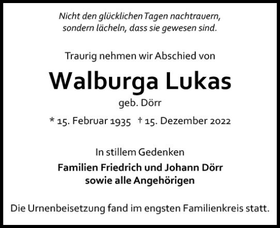 Traueranzeige von Walburga Lukas von Allgemeine Zeitung Mainz