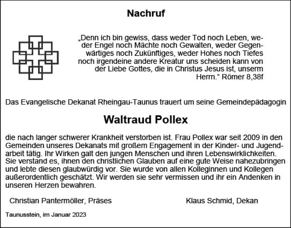  Traueranzeige für Waltraud Pollex vom 28.01.2023 aus Idsteiner Land / Untertaunus Kurier