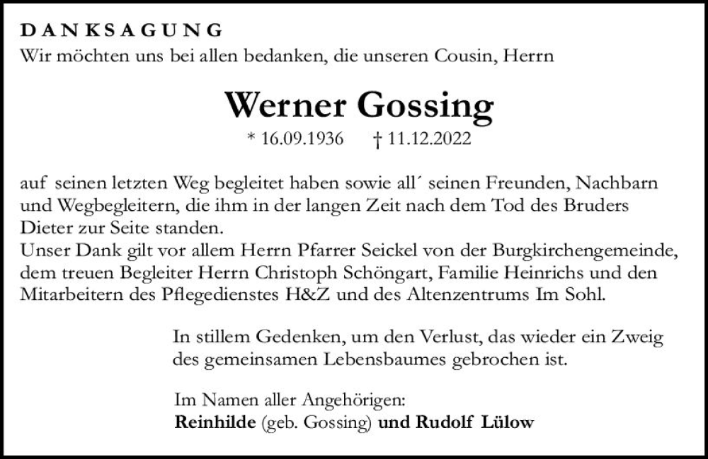  Traueranzeige für Werner Gossing vom 21.01.2023 aus Allgemeine Zeitung Ingelheim-Bingen
