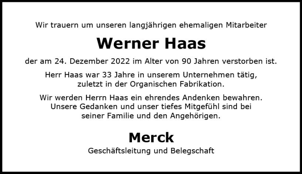  Traueranzeige für Werner Haas vom 12.01.2023 aus Darmstädter Echo