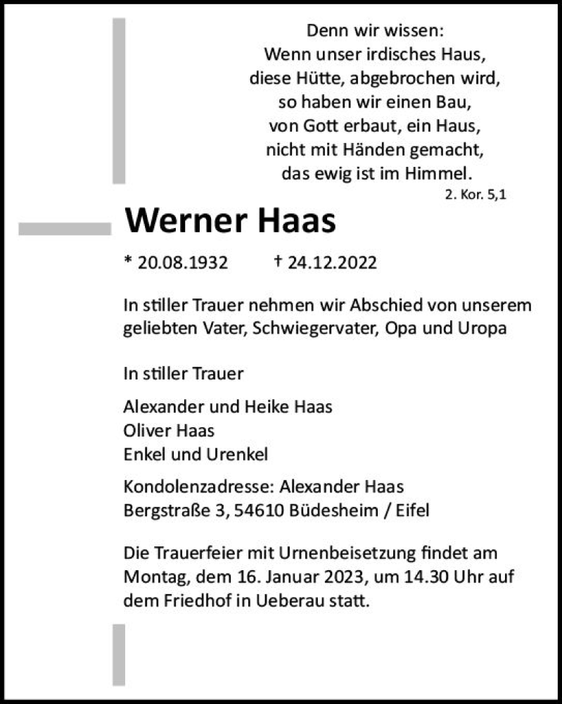  Traueranzeige für Werner Haas vom 14.01.2023 aus Darmstädter Echo