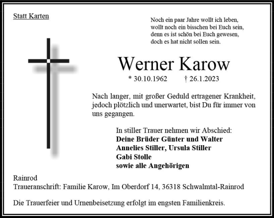 Traueranzeige von Werner Karow von Oberhessische Zeitung