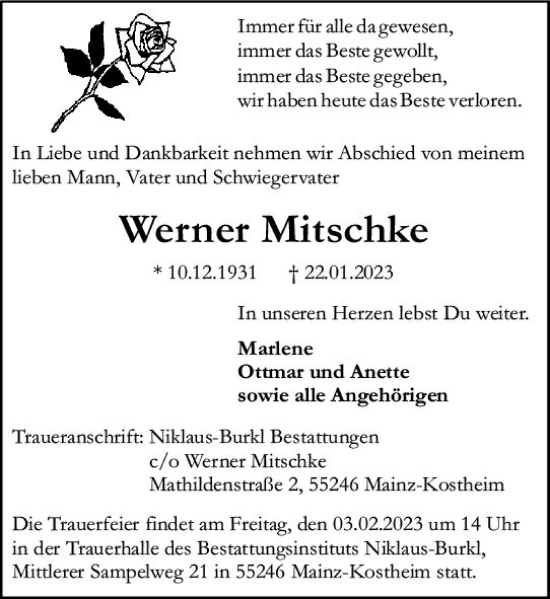 Traueranzeige von Werner Mitschke von Allgemeine Zeitung Mainz