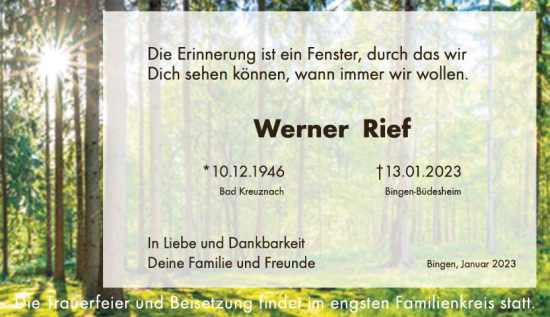 Traueranzeige von Werner Rief von Bingen/Ingelheim Wochenblatt inkl. NBZ