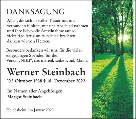 Traueranzeige von Werner Steinbach von Allgemeine Zeitung Ingelheim-Bingen