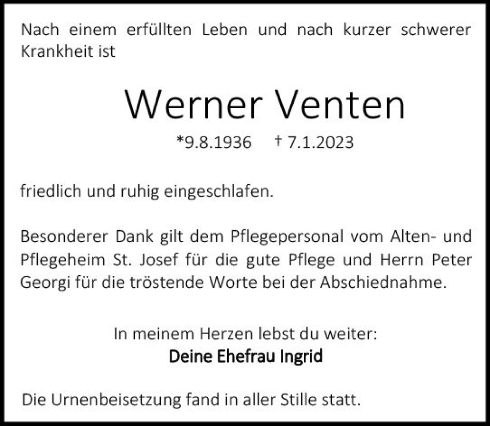  Traueranzeige für Werner Venten vom 28.01.2023 aus Darmstädter Echo