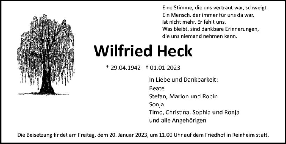  Traueranzeige für Wilfried Heck vom 14.01.2023 aus Darmstädter Echo