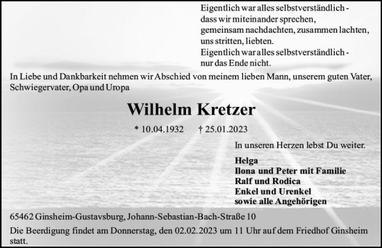 Traueranzeige von Wilhelm Kretzer von Allgemeine Zeitung Mainz