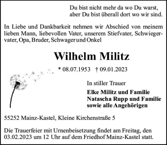 Traueranzeige von Wilhelm Militz von Allgemeine Zeitung Mainz