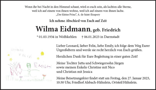 Traueranzeige von Wilma Eidmann von Darmstädter Echo
