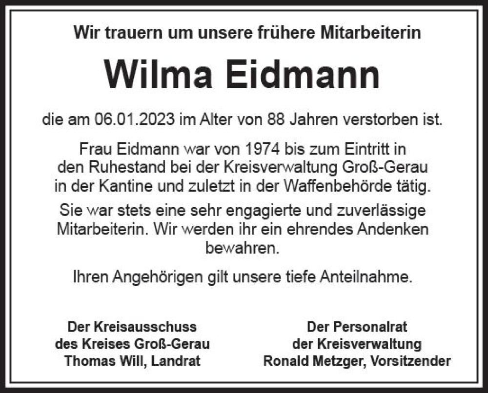  Traueranzeige für Wilma Eidmann vom 21.01.2023 aus Groß-Gerauer Echo