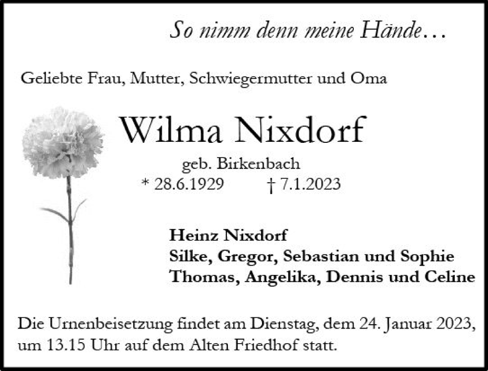  Traueranzeige für Wilma Nixdorf vom 14.01.2023 aus Darmstädter Echo