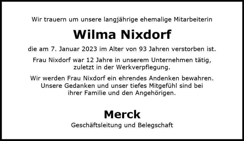  Traueranzeige für Wilma Nixdorf vom 21.01.2023 aus Darmstädter Echo