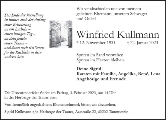 Traueranzeige von Winfried Kullmann von Wiesbadener Kurier gesamt