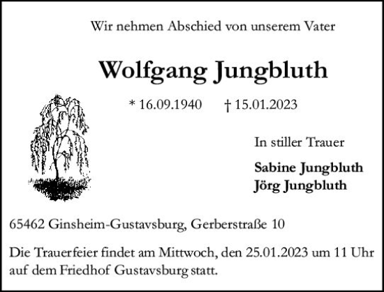 Traueranzeige von Wolfgang Jungbluth von Allgemeine Zeitung Mainz