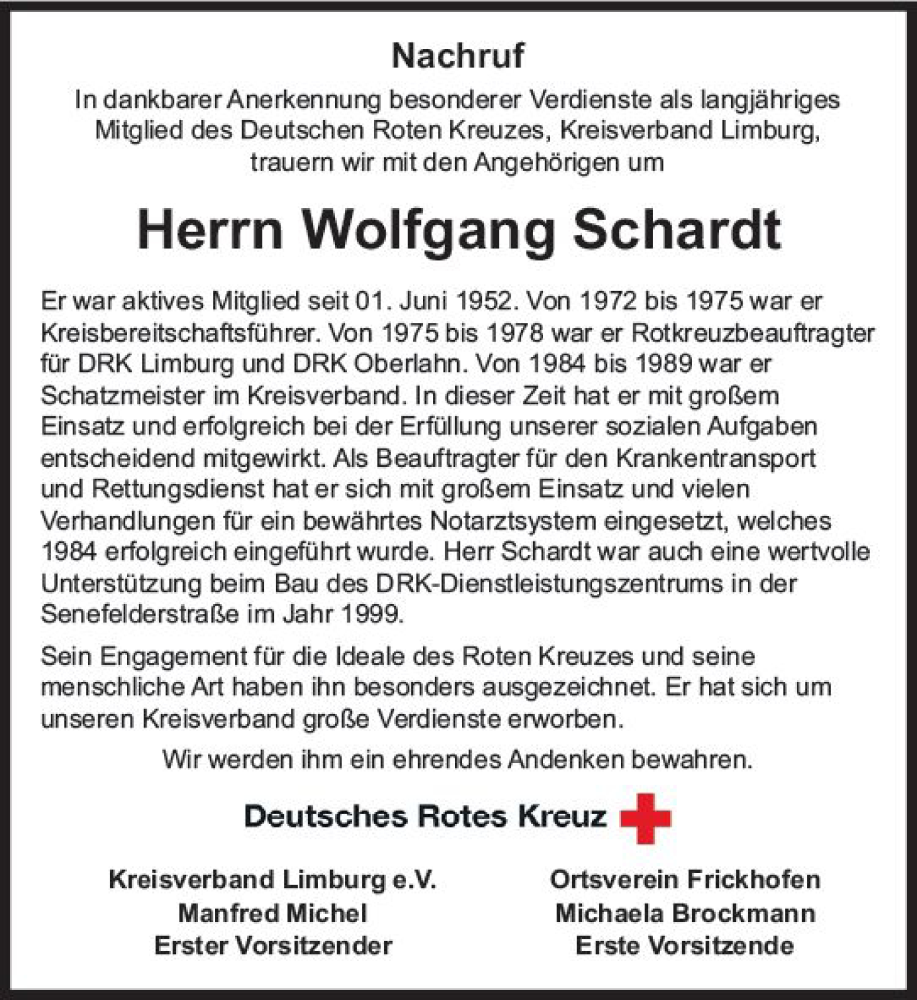  Traueranzeige für Wolfgang Schardt vom 28.01.2023 aus Nassauische Neue Presse