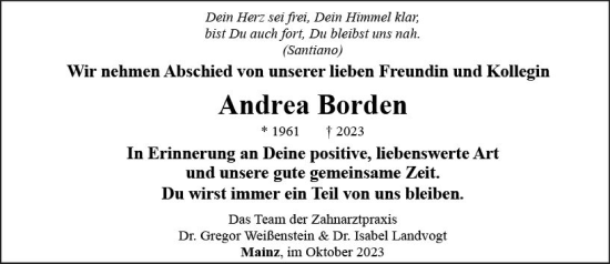 Traueranzeige von Andrea Borden von Allgemeine Zeitung Mainz