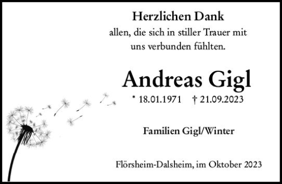 Traueranzeige von Andreas Gigl von Wormser Zeitung