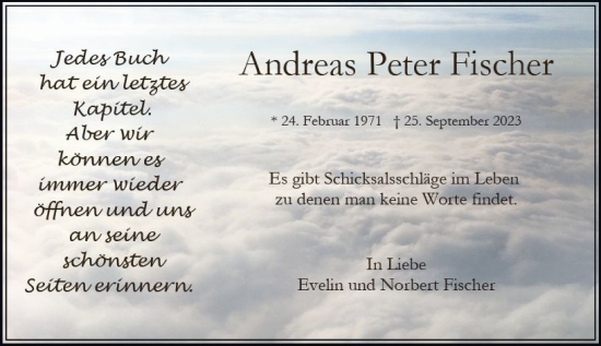 Traueranzeige von Andreas Peter Fischer von Wiesbadener Kurier