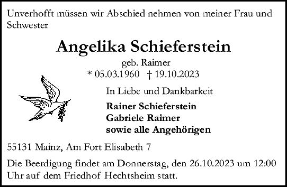  Traueranzeige für Angelika Schieferstein vom 25.10.2023 aus Allgemeine Zeitung Mainz