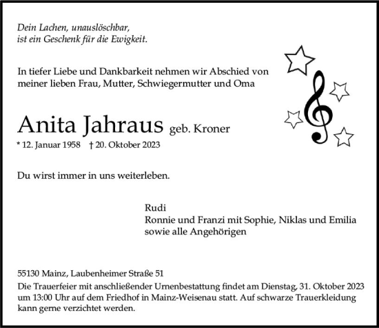 Traueranzeige von Anita Jahraus von Allgemeine Zeitung Mainz