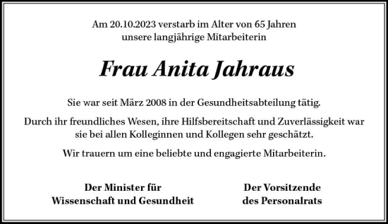 Traueranzeige von Anita Jahraus von Allgemeine Zeitung Mainz