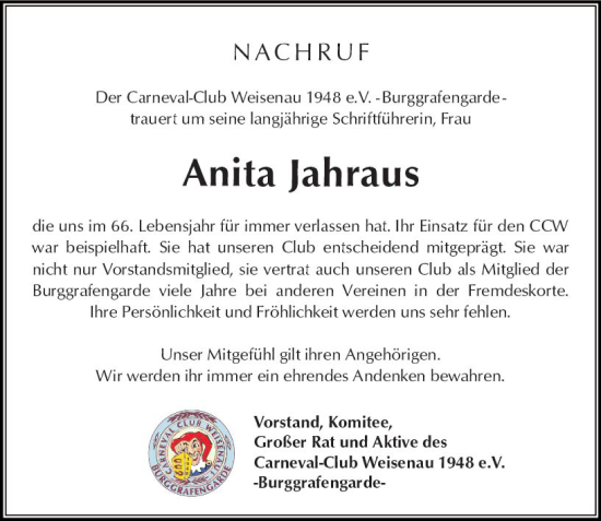 Traueranzeige von Anita Jahraus von Allgemeine Zeitung Mainz