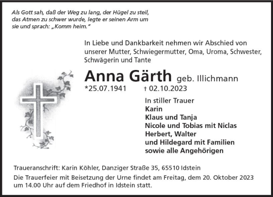 Traueranzeige von Anna Gärth von Idsteiner Land/Untertaunus