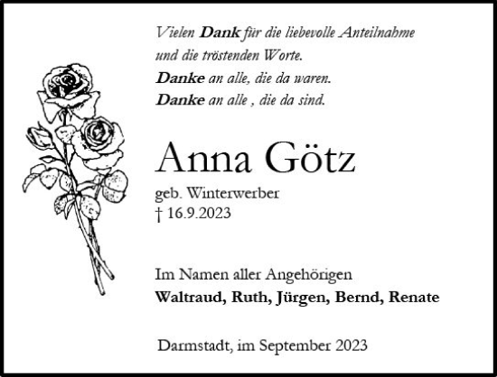 Traueranzeige von Anna Götz von Darmstädter Echo