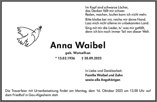 Traueranzeige von Anna Waibel von Allgemeine Zeitung Bingen/Ingelheim