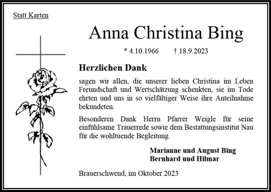 Traueranzeige von Anna Christina Bing von Oberhessen Kurier