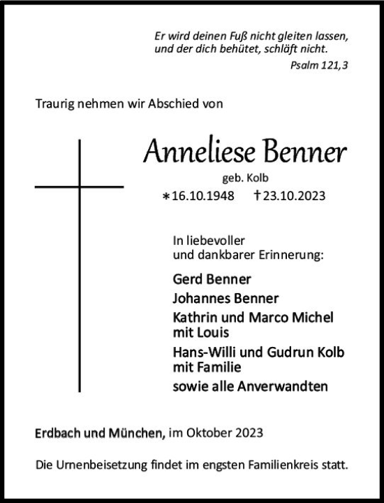Traueranzeige von Anneliese Benner von Dill Block