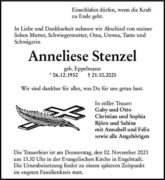 Traueranzeige von Anneliese Stenzel von Allgemeine Zeitung Bingen/Ingelheim