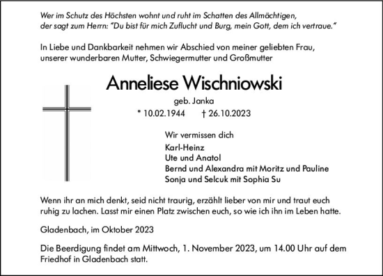 Traueranzeige von Anneliese Wischniowski von Hinterländer Anzeiger