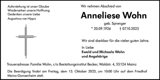 Traueranzeige von Anneliese Wohn von Allgemeine Zeitung Mainz
