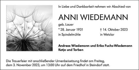 Traueranzeige von Anni Wiedemann von Wetzlarer Neue Zeitung
