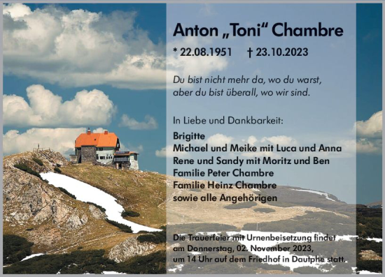 Traueranzeige von Anton Chambre von Hinterländer Anzeiger