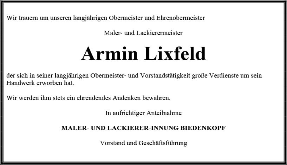  Traueranzeige für Armin Lixfeld vom 24.10.2023 aus Hinterländer Anzeiger