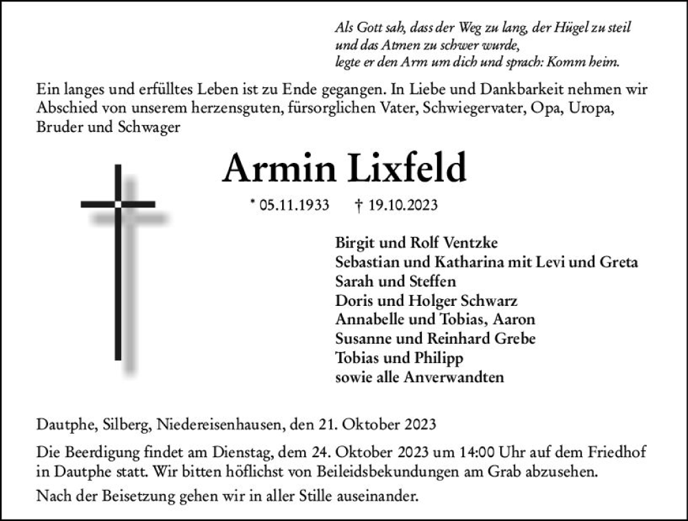  Traueranzeige für Armin Lixfeld vom 21.10.2023 aus Hinterländer Anzeiger