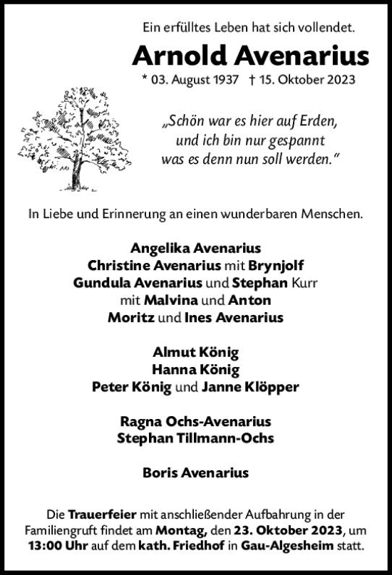 Traueranzeige von Arnold Avenarius von Allgemeine Zeitung Bingen/Ingelheim
