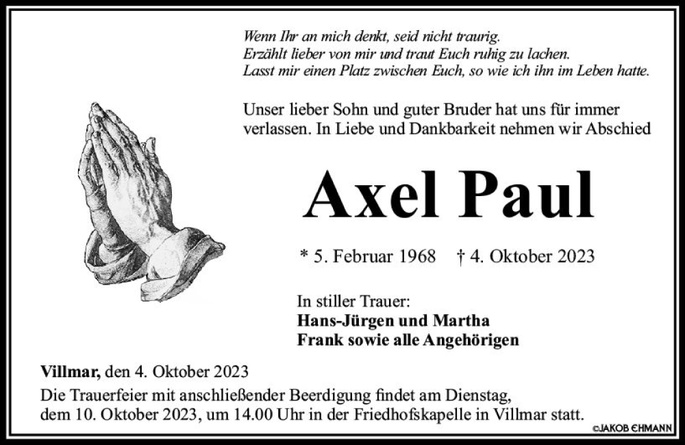  Traueranzeige für Axel Paul vom 07.10.2023 aus Weilburger Tageblatt