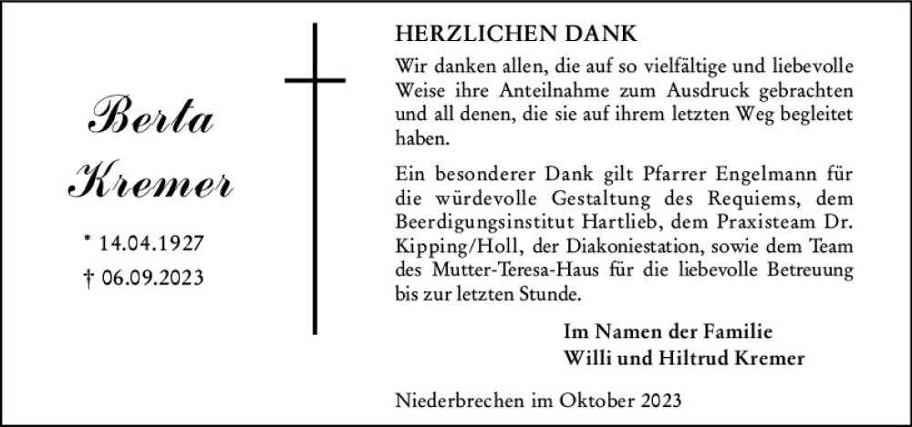  Traueranzeige für Berta Kremer vom 05.10.2023 aus Camberger Anzeiger