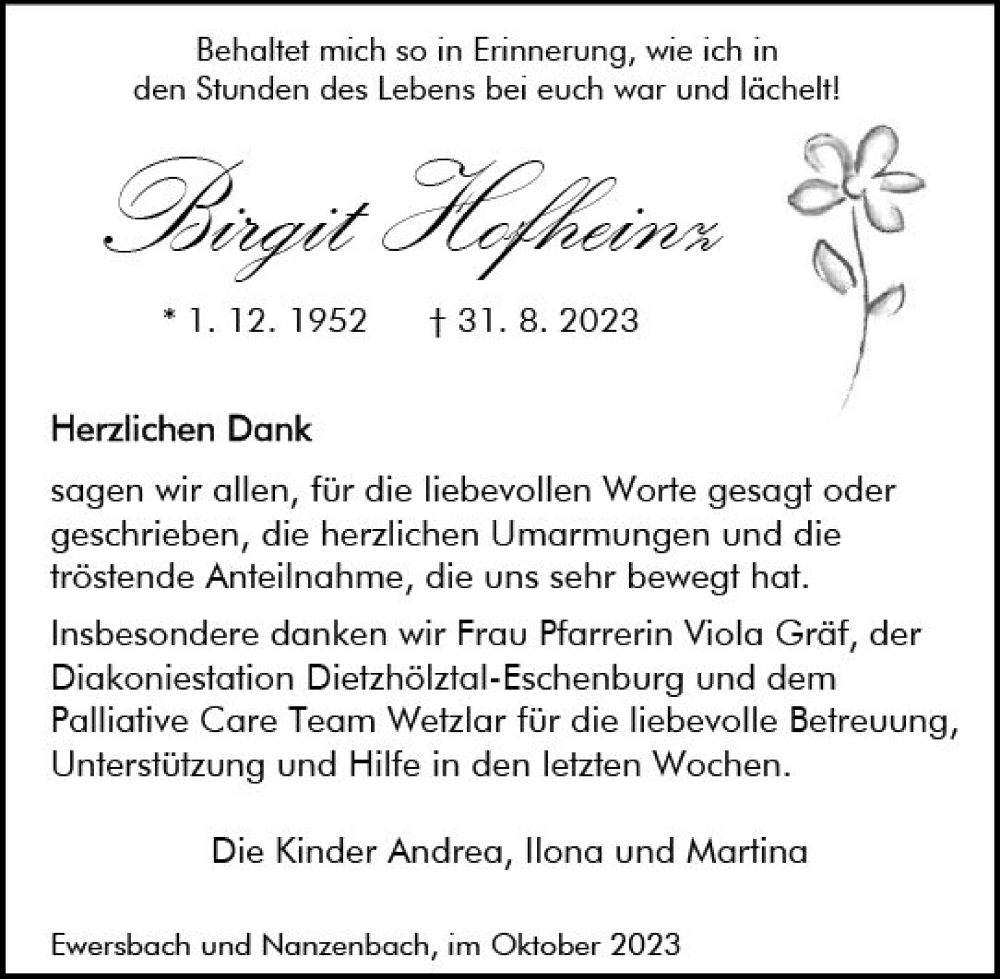  Traueranzeige für Birgit Hofheinx vom 07.10.2023 aus Dill Block