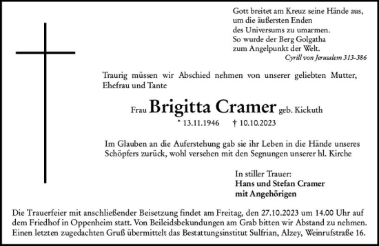 Traueranzeige von Brigitta Cramer von Allgemeine Zeitung Mainz
