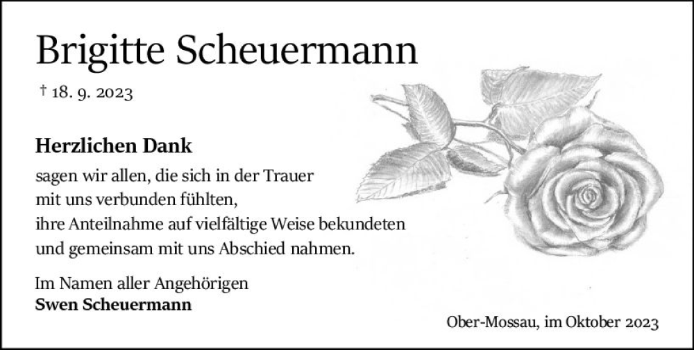  Traueranzeige für Brigitte Scheuermann vom 28.10.2023 aus Odenwälder Echo
