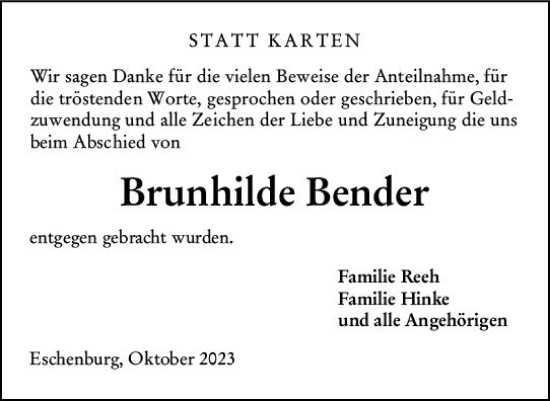 Traueranzeige von Brunhilde Bender von Dill Block