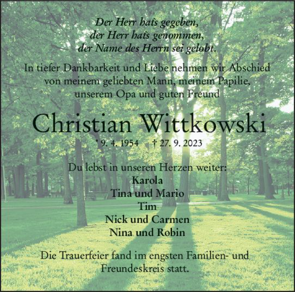  Traueranzeige für Christian Wittkowski vom 21.10.2023 aus Wetzlarer Neue Zeitung