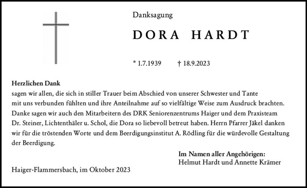  Traueranzeige für Dora Hardt vom 18.10.2023 aus Dill Block